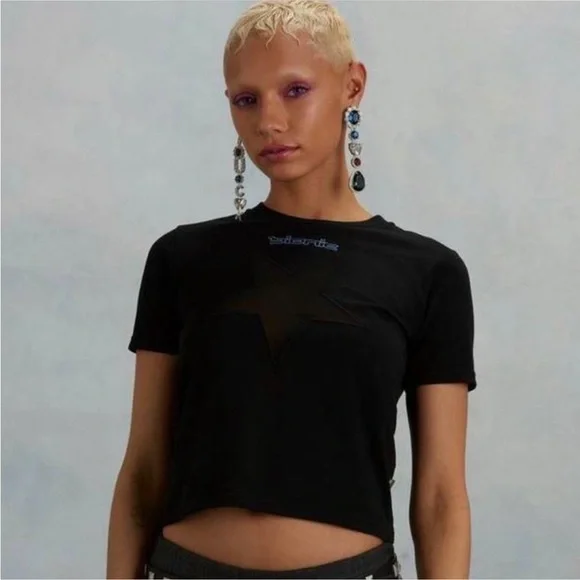 Heaven by Marc Jacobs Black Mesh Star Tee Shirt - Size Small - Y2K - Picture 2 of 8